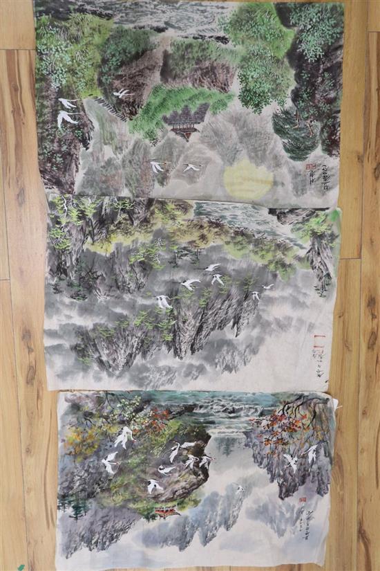 North Korean School, modern, three watercolours on paper, 43.5 x 65cm